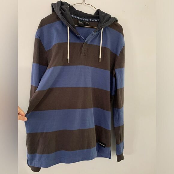 Quiksilver Pullover Hoodie Button Sweatshirt Striped Blue Brown Gray Size L - Picture 2 of 5